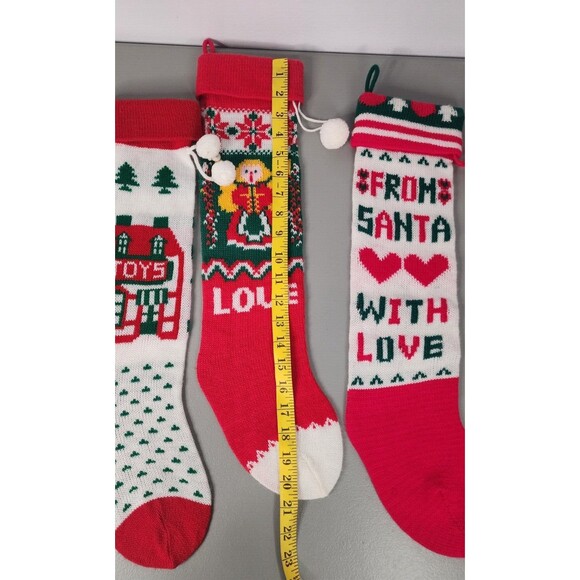 VTG Christmas Knit Stockings Lot Of 3 21" Pom Poms Toys Angel Love Santa Red - Picture 8 of 8